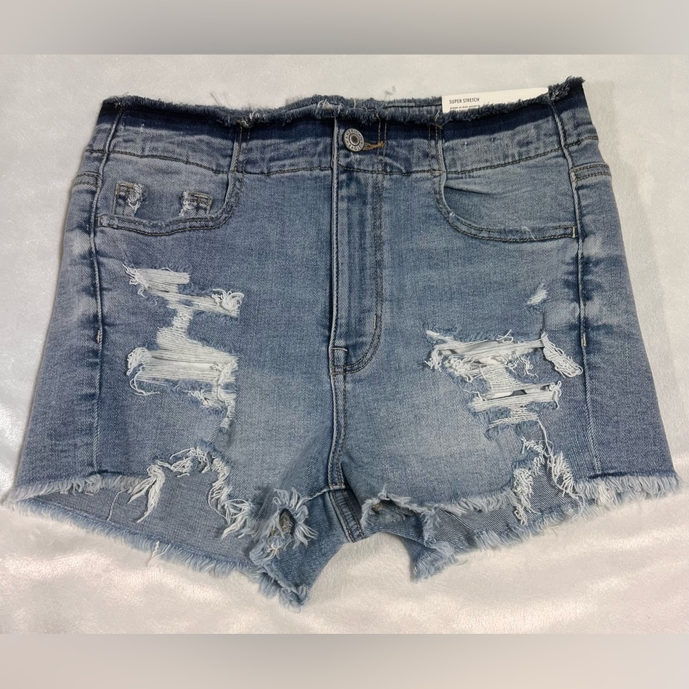 AMERICAN EAGLE SUPER HI-RISE SHORTIE WOMEN'S BLUE DENIM JEAN SHORTS SIZE 4 NWT